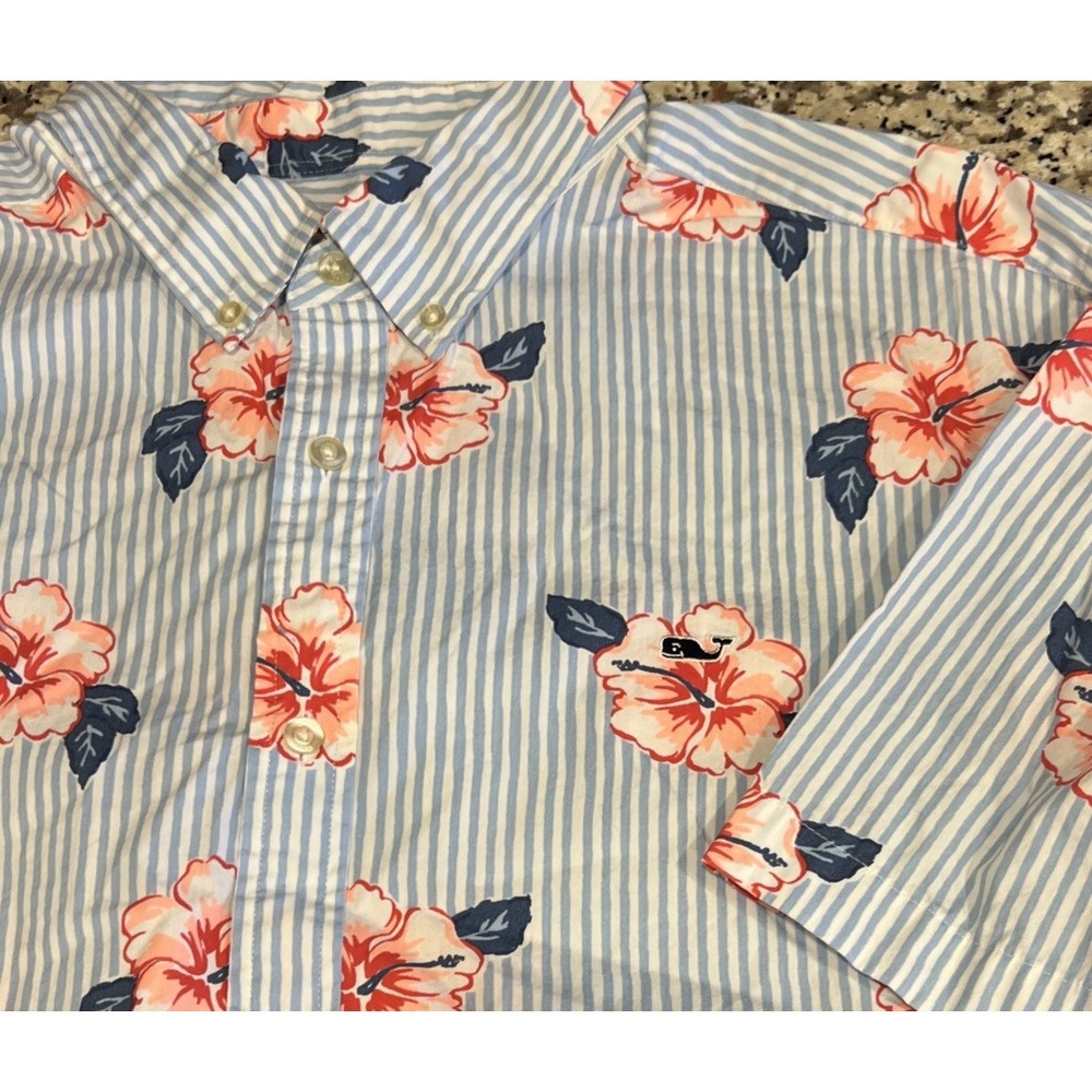 Vineyard Vines‎ Whale Shirt Short Sleeve Mens Cotton Blue Floral Stripe Size XXL